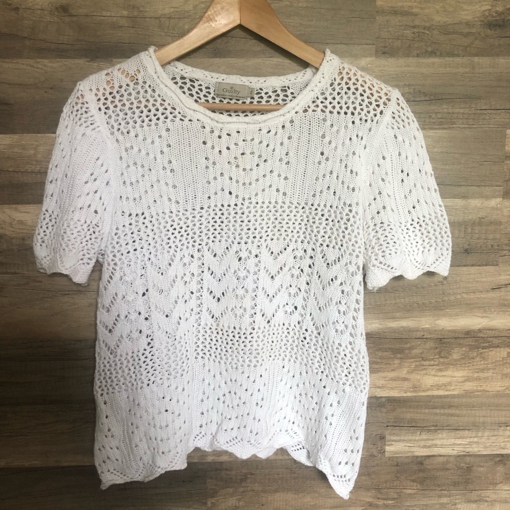 Vintage Boho Crochet White Cotton Knit Top Large